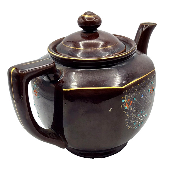 Vtg Hand Painted Teapot Redware Japan Moriage Brown Orange Blue Gold Trim 6.5x8 - Picture 5 of 14